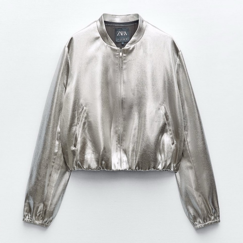 Zara Satin Effect Foil Bomber Jacket Size Large